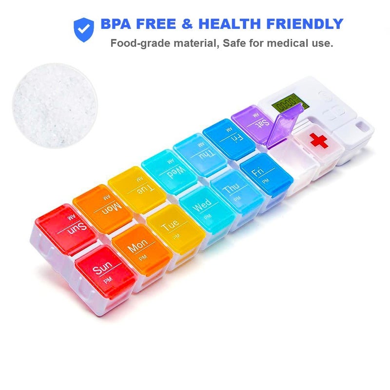 TBSoon 7 Day Medicine Pill Organizer, 4 Reminder Alarms, Loud Sound, 14 Large Compartments, Large Screen, Moisture-Proof, Travel Weekly/Daily Pill Box/Organizer/Case/Container/Dispenser, AM/PM 2 Times a Day - Image 2
